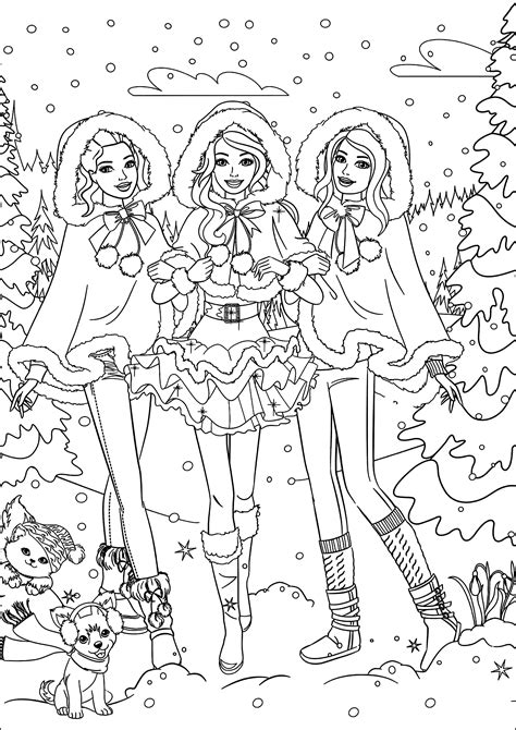 Three dressed-up Barbies ready for Christmas - Barbie Coloring Pages