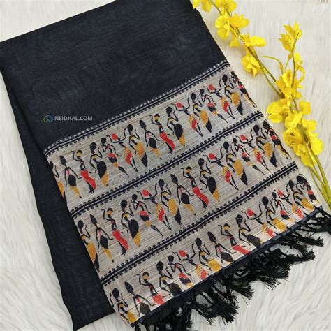 Black semi linen saree ns57-Neidhal