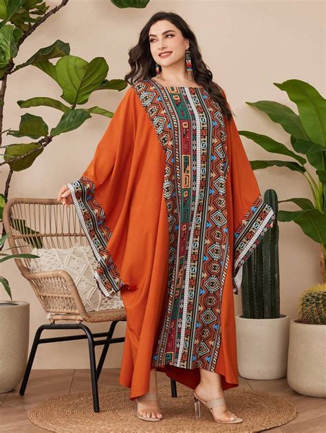 Al Najma Plus Size Women'S Geometric Printed Batwing Sleeve Dress ...