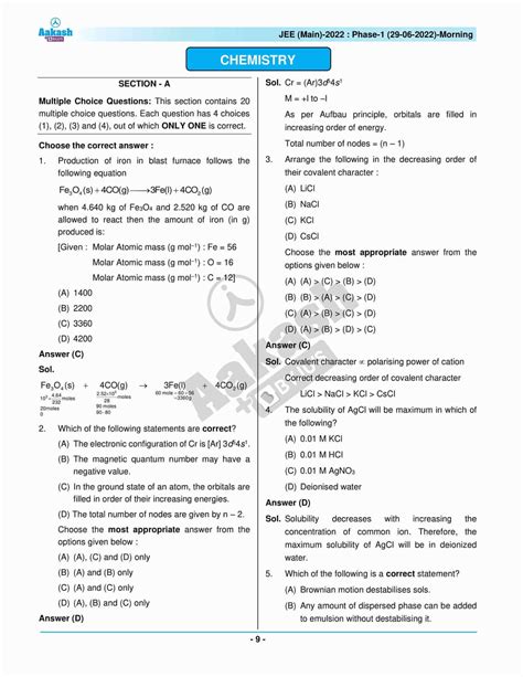 JEE Main 2022 June 29 – Shift 1 Chemistry Question Paper with Solutions