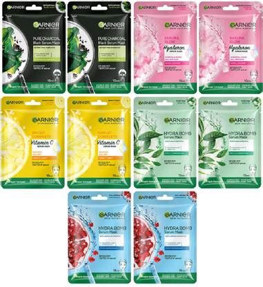 GARNIER Sheet Mask Pack Of 10 (Vit C +Sakura+Charcoal+Hydra+Green Tea ...