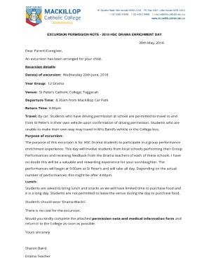 Fillable Online EXCURSION PERMISSION NOTE - 2018 HSC DRAMA ENRICHMENT ...