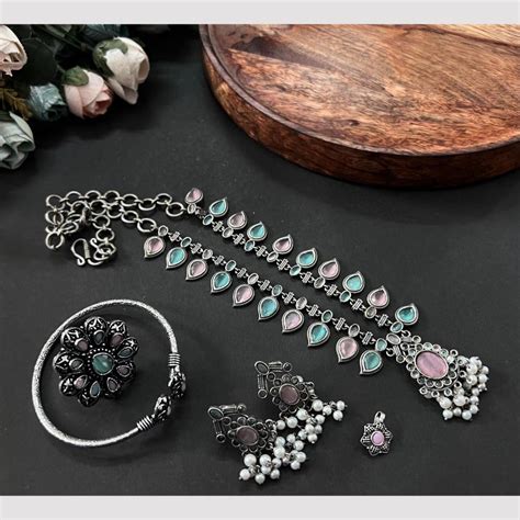 Akruti Collection Oxidised Plated Pota Stone Combo Set – JewelEMarket