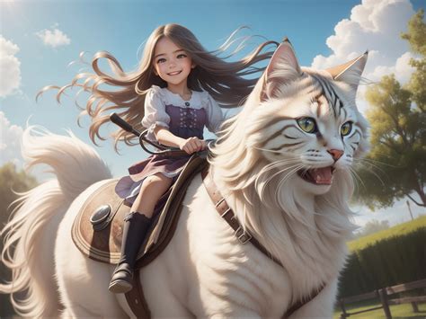 Anime girl riding a cat with a sword in her hand - SeaArt AI