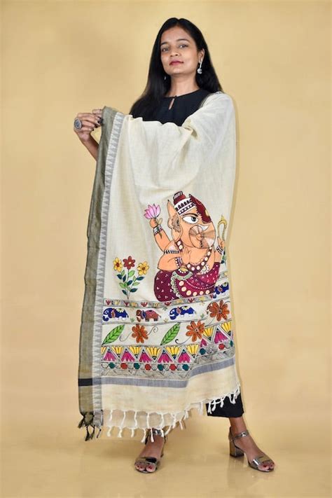 Diorama Designs Madhubani Hand-Painted "Krishna Kanta" Cotton Dupatta ...