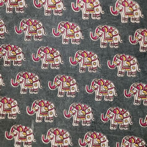 Pure Cotton Kalamkari Grey WIth Pink Elephant Motifs Hand Block Print ...