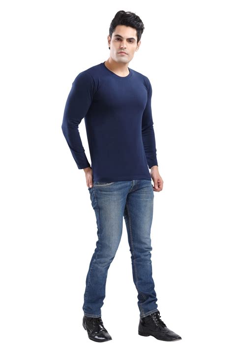 TRASA Men's Ultra Cotton Round Neck Slim Fit Full Sleeve T-Shirt - Nav ...
