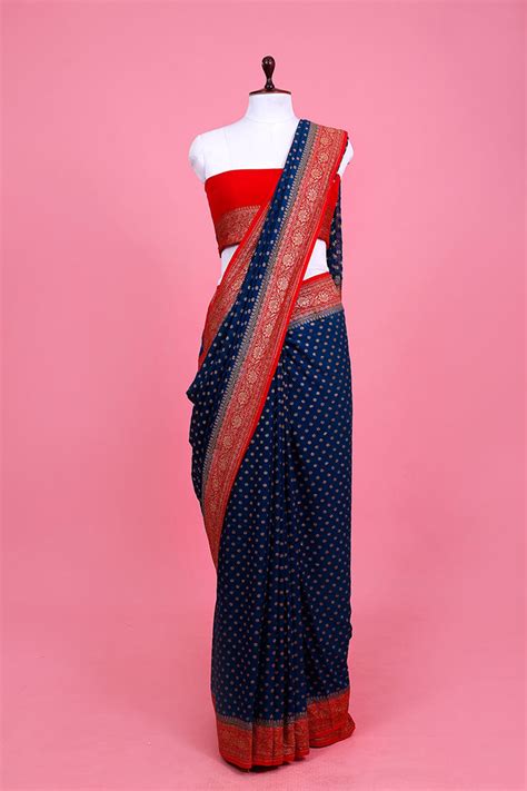 German Blue Ethnic Handwoven Georgette Khaddi Silk Saree – Chinaya Banaras