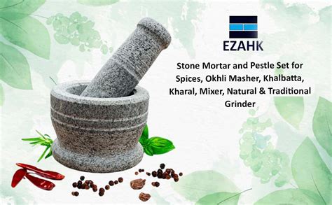 EZAHK Stone Mortar and Pestle Set for Spices, Okhli Masher, Khalbatta ...