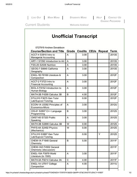 Image result for Example of Unofficial Transcript