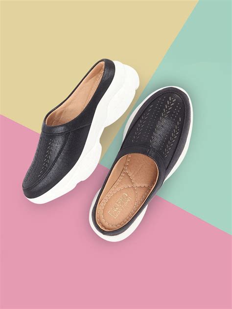 Shop Women Black Laser Cut Design Stitched Back Open Slip On Mules ...
