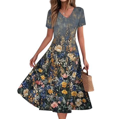Mlqidk Summer Dresses for Women 2025 Flowy Floral V Neck Long Dress ...
