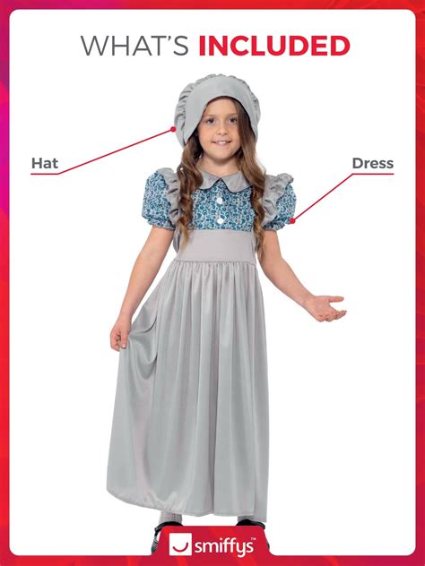 Smiffys Victorian School Girl Costume, Grey with Dress & Hat, Girls ...