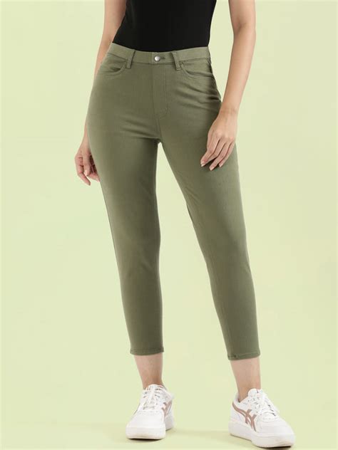 Olive Cotton Poly Stretch Cropped Colored Jeggings – Go Colors India