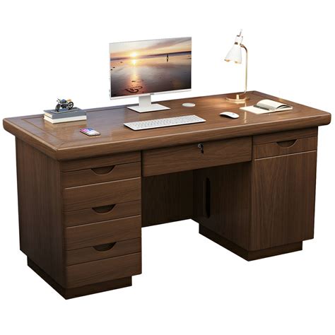 Brown Wood Office Desk with Locking Drawers and Storage Cabinet - Table ...