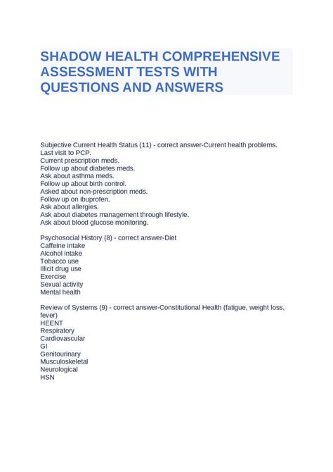 SHADOW HEALTH COMPREHENSIVE ASSESSMENT TESTS WITH QUESTIONS AND ANSWERS ...