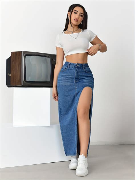 Temu｜Slant Pockets Whiskering Denim Midi Skirt, Split Non-stretch Denim ...