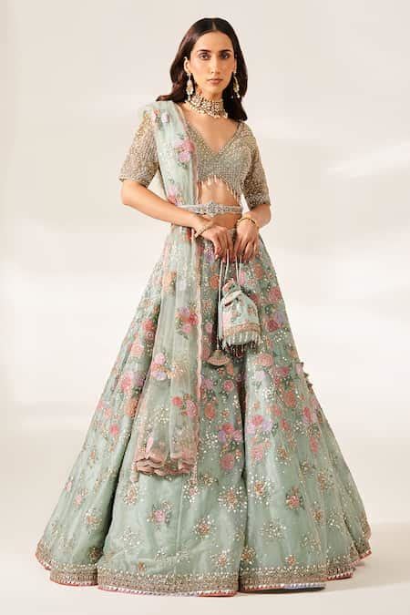 Buy Green Organza Sequins, Embroidery V-neck Juliet Floral Bridal ...