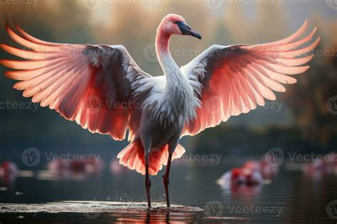 Pink flamingo with spread wings in the misty forest. 3D illustration ...
