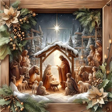Christmas Nativity Manger Scene Gold Poinsettia Wreath Sign-10"X10 ...