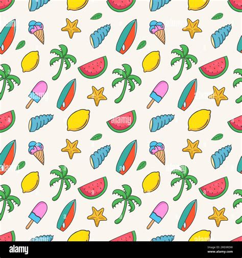 Summer seamless pattern background with colorful hand drawn summer ...
