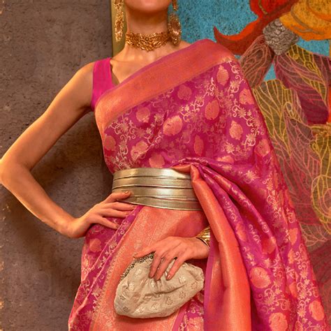 Rani Pink & Orange Floral Woven Art Silk Saree