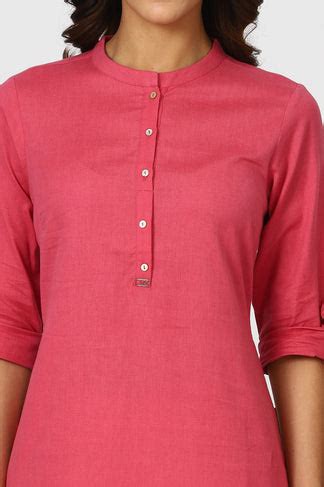 Buy Pink Mandarin Collar Cotton Blend Straight Kurta With W Branding ...