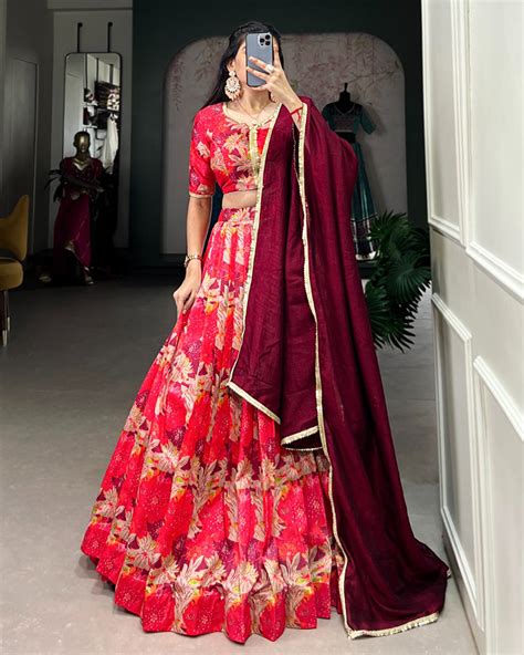 Red Color Tussar Silk Floral Printed Lehenga Choli – TANHAI