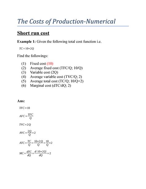 Costs of Production Numericals Questions - The Costs of Production ...