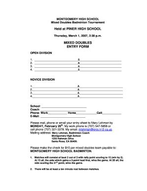Fillable Online MONTGOMERY HIGH SCHOOL Mixed Doubles Badminton ...