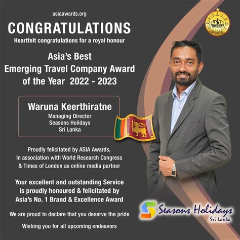 Waruna Keerthiratne has bagged Asia's Best Emerging Travel Company Award