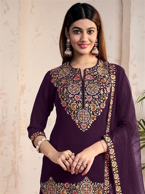 Women Floral Yoke Design Regular Thread Work Top with Palazzos ...