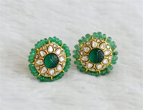 Gold tone white green beaded round flower stud/earrings dj-50639 ...