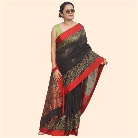 Black Linen Saree with Madhubani Artwork and Red Border – Culturati