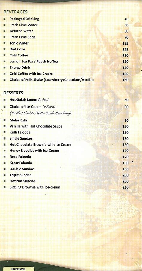 Menu at Silver Oaks, Mumbai, Agarwal B2B Centre