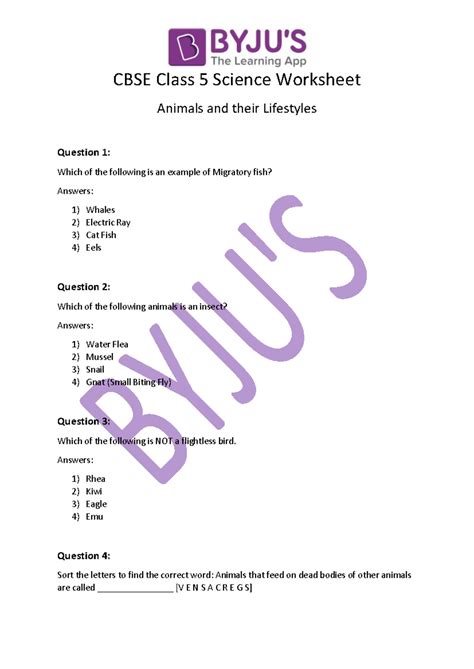CBSE Class 5 Science Worksheet animals - Answers: 1) Rhea 2) Kiwi 3 ...