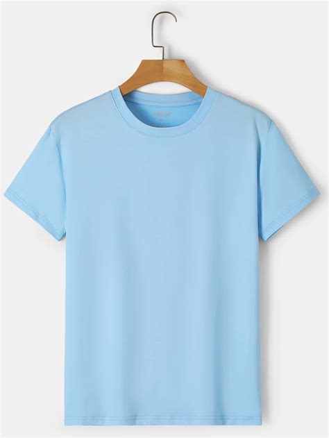 Baby Blue Casual Collar Short Sleeve Polyester Plain Embellished Medium ...
