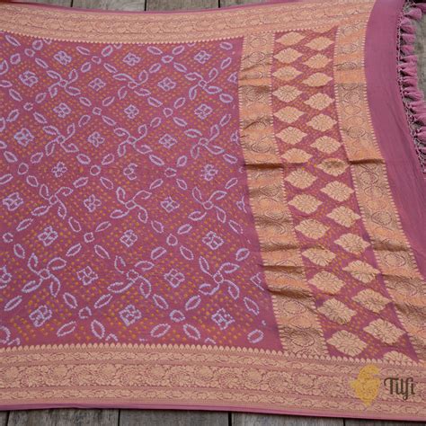 Coral Pink Pure Georgette Banarasi Handloom Bandhani Dupatta - Tilfi