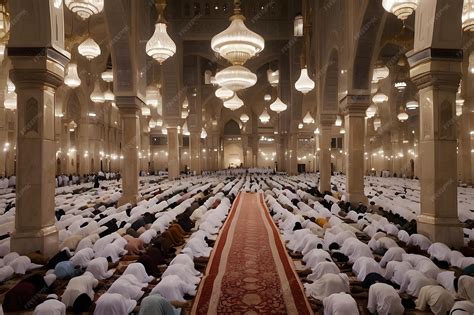 Premium Photo | Ramadan Taraweeh Prayer A Grand Mosque Filled with Devotees in Prayer Rows