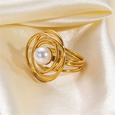 Pearl With Multi Circular Overlayered Gold Ring JLTR0429