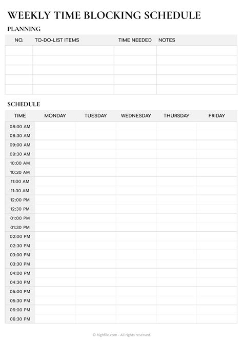 Weekly Block Schedule Template - Word | Google Docs - Highfile
