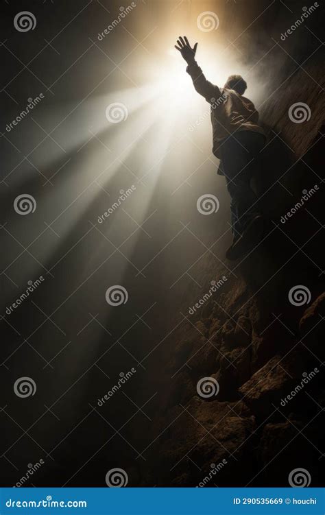 A Man Reaching Up To God For Help. Standing On A Steep Cliff Hole. Bright Light Rays Shining ...