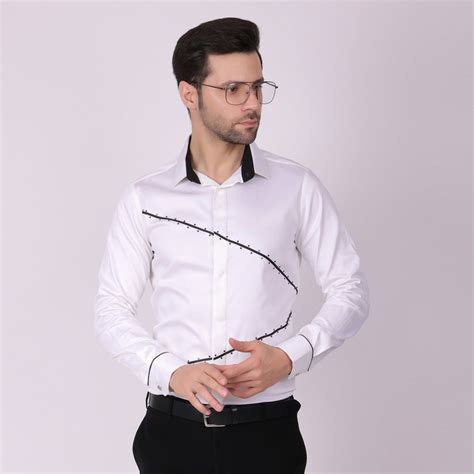 Pier Seven Signature Cotton Blend Lace Work Slim Fit Shirt for Men - W