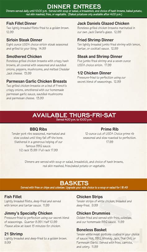 Jimmy's Pour House menu in Sauk Rapids, Minnesota, USA