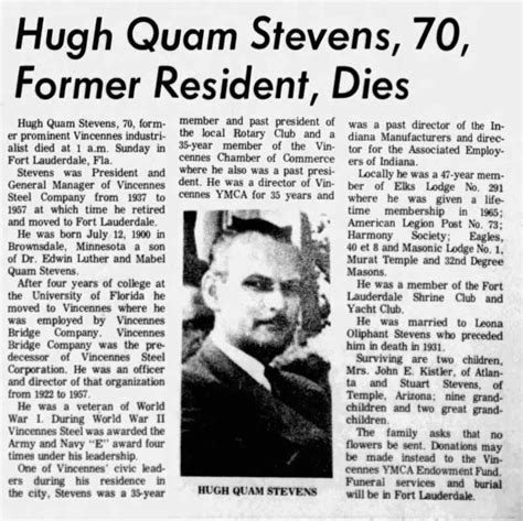 Obituary of Hugh Quam Stevens: The Vincennes Sun-Commercial Vincennes ...