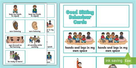 Lanyard-Sized Pictorial Good Sitting Cards - (teacher made)
