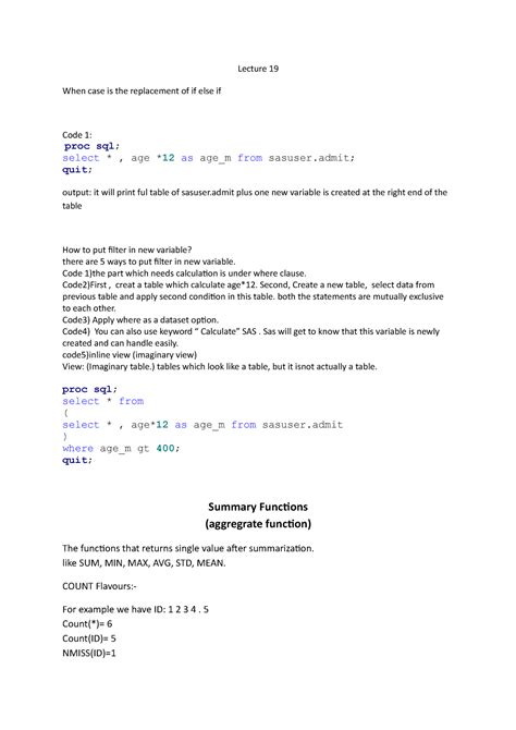 Lecture 19 - Sas notes - Lecture 19 When case is the replacement of if ...