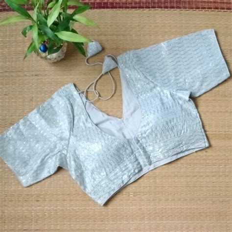 Silver V neck tissue sequence blouse – www.swakalp.com