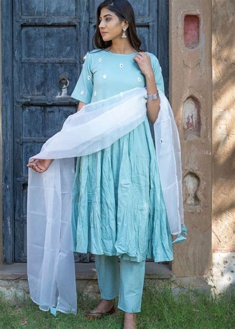 Get Pastel Mirror Work Cotton Kurta, Pants & Dupatta Set at ₹ 1699 ...