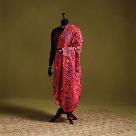 Pink Ranihati Chapa Work Chanderi Silk Hand Embroidery Dupatta with Pom Pom